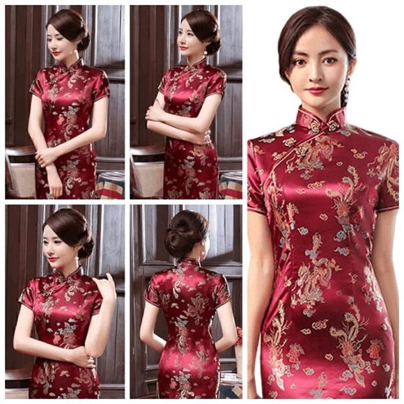 🐉 Mandarin Collar Cheongsam Chinese Dragon Print Side Slits Qipao Dress S NEW - Picture 15 of 16